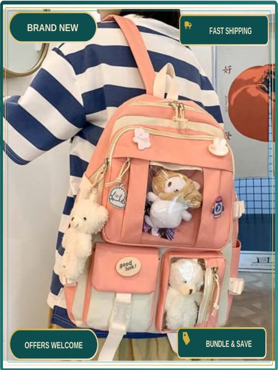 Kawaii Waterproof Nylon 5-Piece Backpack Set with Cute Plush Pendants main image 6